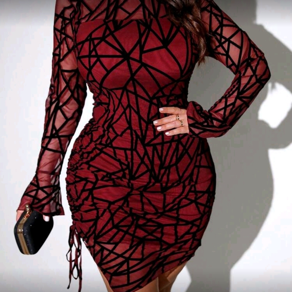 SHEIN Burgundy and Black Geometric Mesh High-Low Bodycon Dress